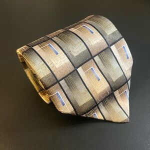 Zylos George Machado Men's Silk Tie Made In USA Beige Green Geometric EUC